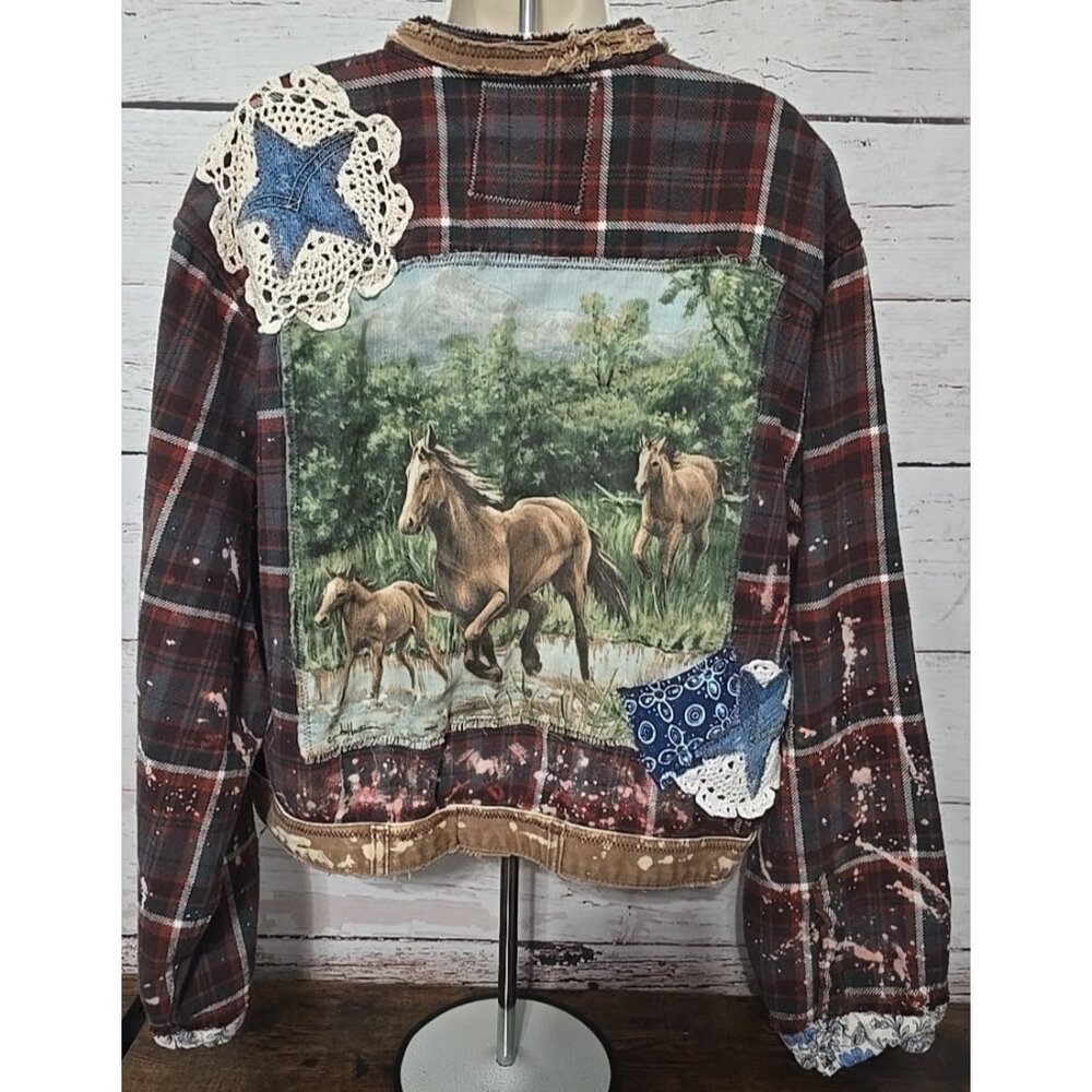 OOAK Upcycled Flannel Shirt Jacket Horses Stars Carhartt Levi's Boyfriend Fit XL